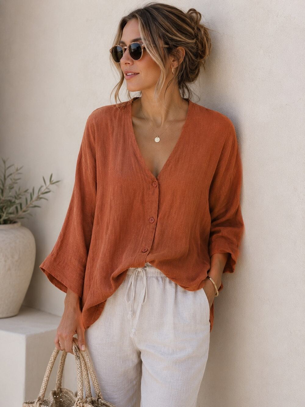 FLAX 100% Linen Long Sleeve Button-Front Tunic Shirt Top  Rust-Orange Women's L